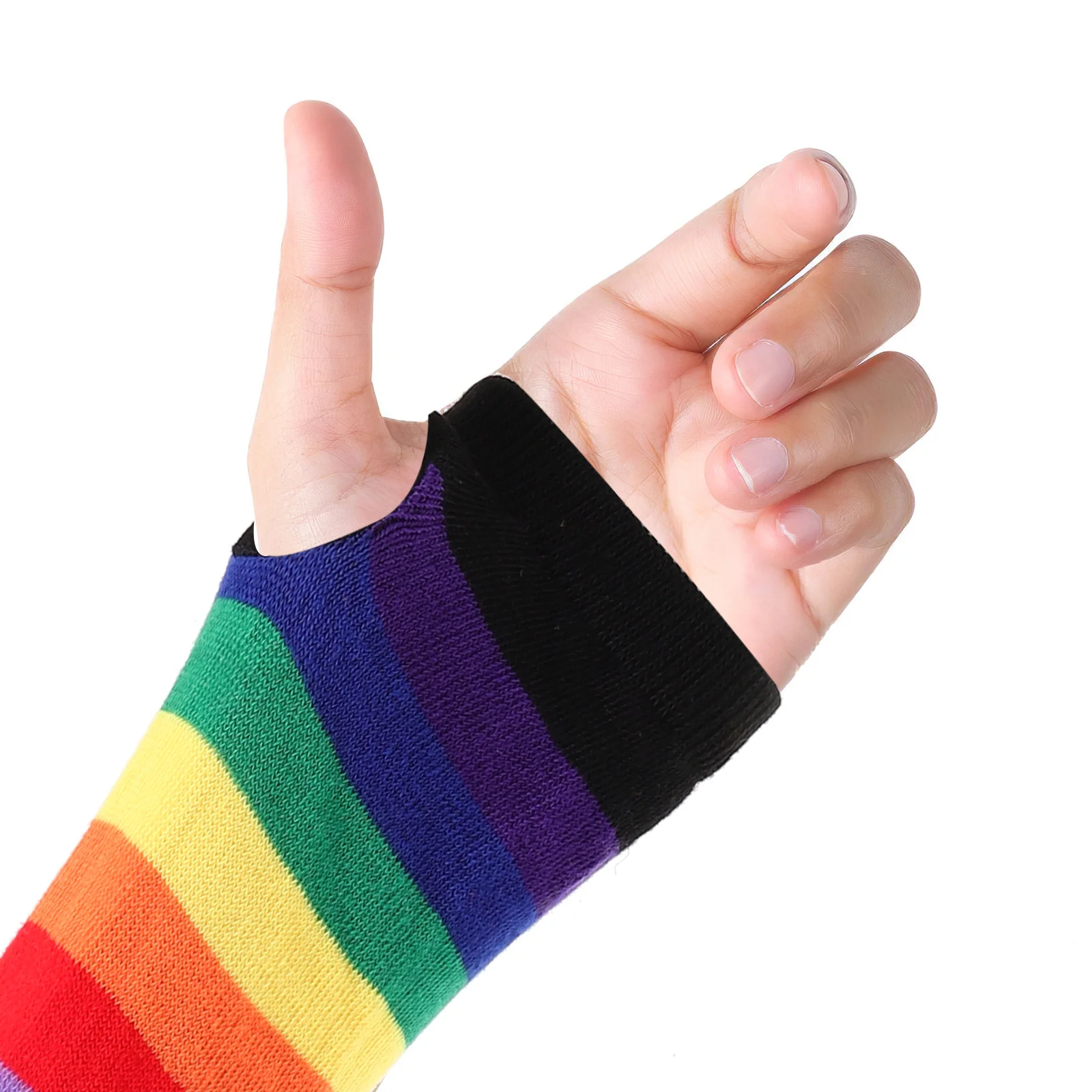 1 ペアレインボーニット冬指なし手袋女性アームウォーマーロング肘ストライプパーティーコスチュームプライドアクセサリー