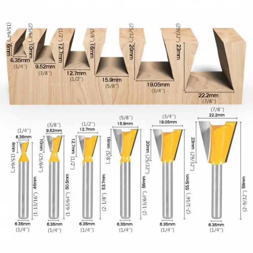 6 Stks/set Snijdiameter 1/4Inch Schacht Carbide Rabbet Router Bits Voor Houtbewerking, Wolfraam Legering Sleuf Router Bit Set