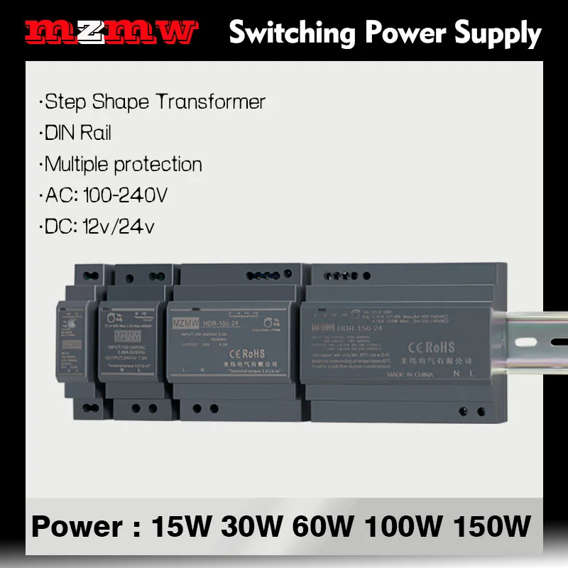 MZMW DIN Rail Switching Power Supply HDR-Series 15W 30W 60W 100W 150W AC/DC 12V 24V Slim Step Shape Transformer Industrial SMPS