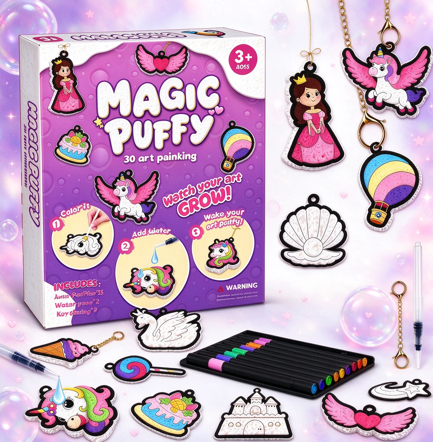 37Pcs Magic Puffy Paint Kit,3D DIY Craft Set,Princess Unicorn Foam Charms,Pens & Keychains,Kids Art Toy,birthday Gift Girls 3+