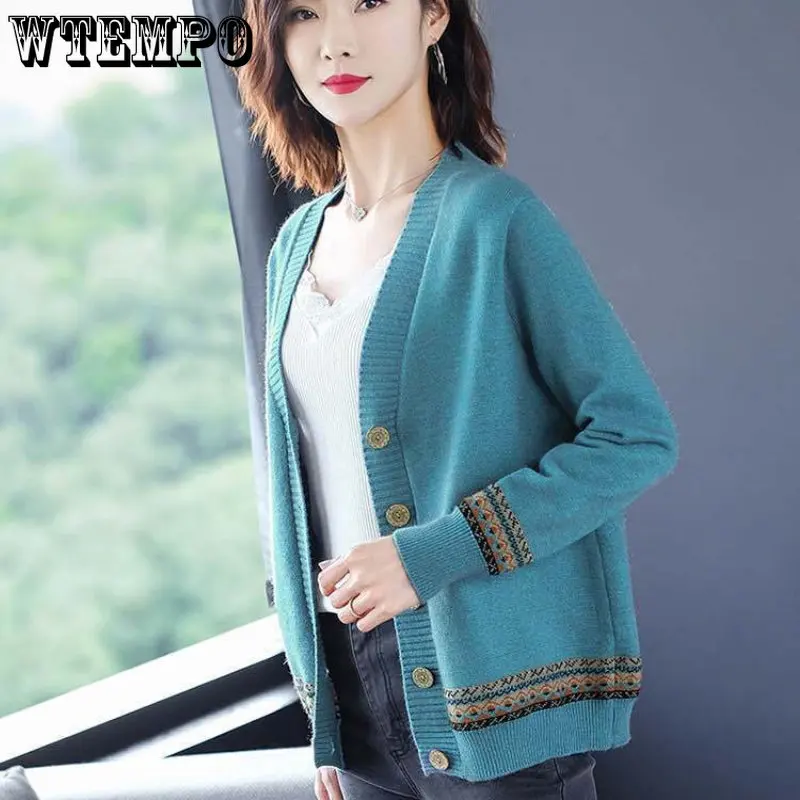 WTEMPO Spring Autumn Solid Color Women\'s Knitted Cardigan Long Sleeve Korean Loose V-Neck Button Sweaters Coat Female Clothing