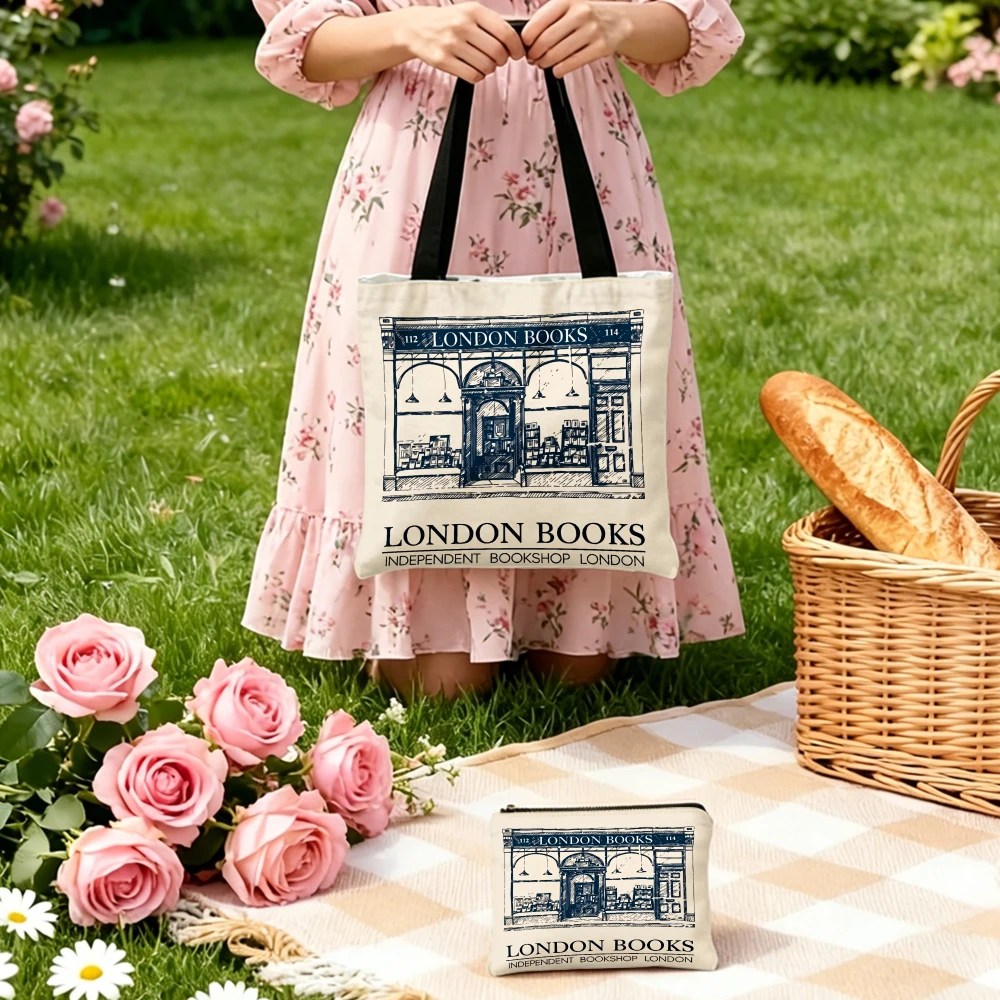 Chic Casual Tote Bag London Books Print Shoulder Bags and Cosmetic Bag Combination for Shopping and Travel Storage Pouch