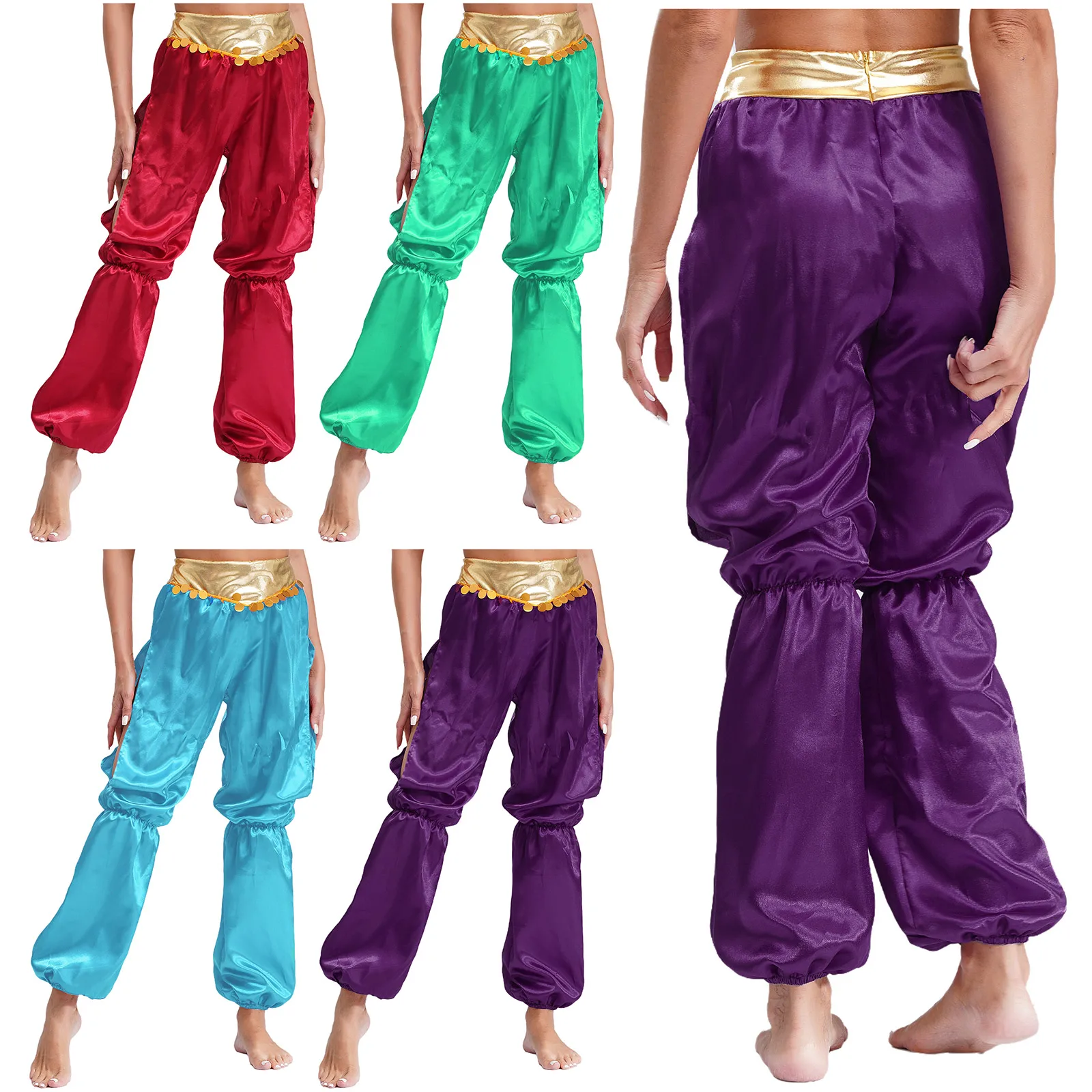 Womens Belly Dance Bloomers Pants Halloween Arabian Princess Costume Metallic Ruched Waistband Gold Circles Side Split Pants