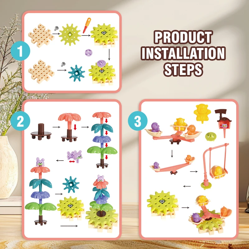 Diy Electric Rotating Gear Building Blocks Kids Educational Assembly Toy Colorful Flower Interlocking Bricks for Boys Girls