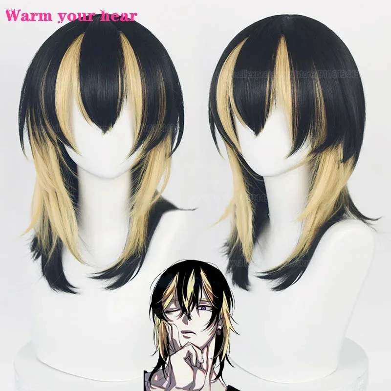 High Quality Synthetic 50cm Long Rindou Ran Haitani Cosplay Anime Black Golden Heat Resistant Party Wigs + A Wig Capv;2,r'6;t.