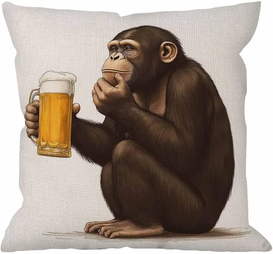 Funny Chimpanzee Beer Pillowcase, Drinking Monkey Cushion Cover, Animal Lover Home Decor, Realistic Art Living Room Sofa Throw