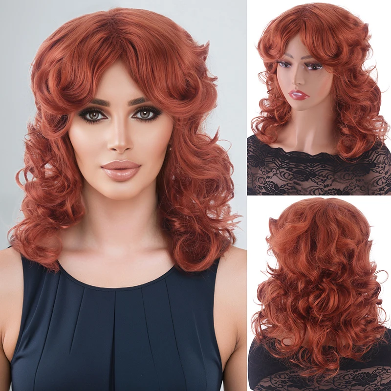 

Женский парик с длинными вьющимися волосами, большими волнами, пушистым накладным волосам, парик из синтетического волокна винно-красного цвета
