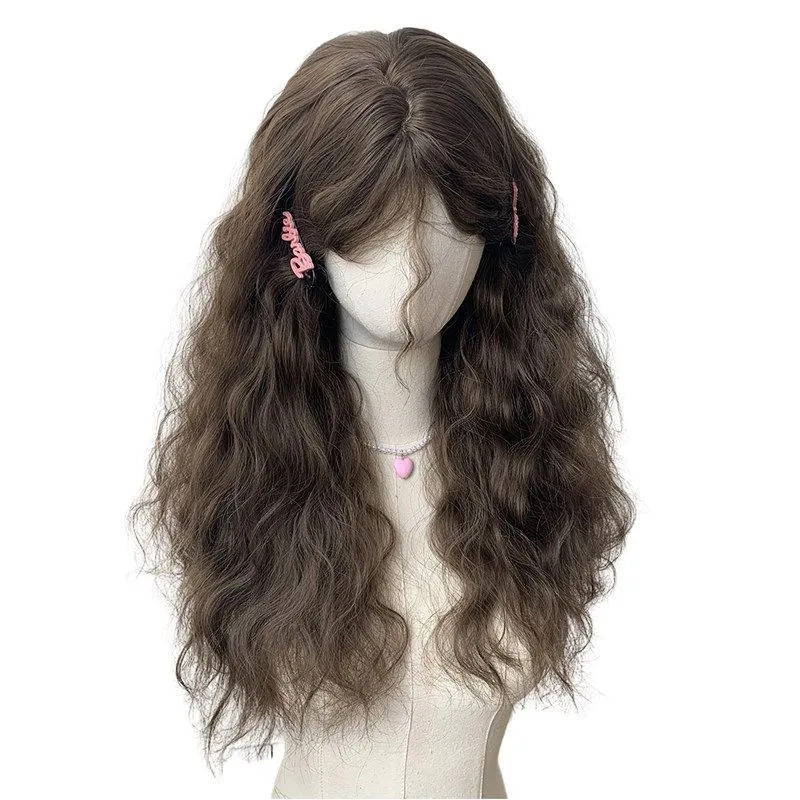 Women Long Big Curly Synthetic Full Wig Cool Brown with Bangs Rose Mesh Cap Realistic Synthetic Hair for Daily & Party Wear