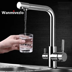 Grifo de cocina con filtro cromado, mezclador de agua fría y caliente, agua potable pura, montado en cubierta, doble manija, 3 vías