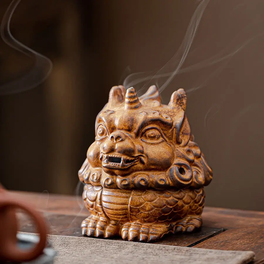 Ceramic Retro Dragon Turtle Shape Incense Burner, Indoor Aroma Rack, Chinese Zen Tea Living Room Decor Home Fragrance Stove, 1Pc