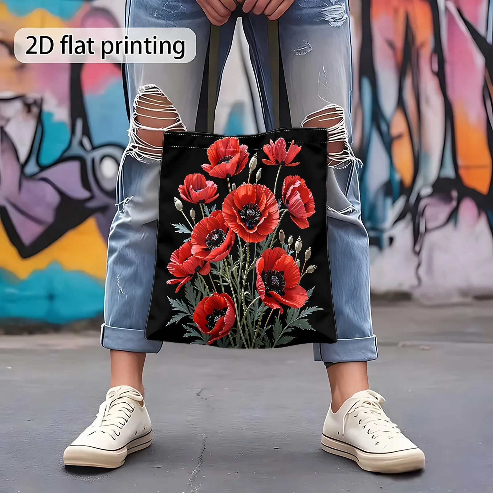 1pc Shoulder Bag  Red Poppies On Black Background Tote Bag Handbag Pouch Fashion for Women Hand Bags Fabric Shopper Bag