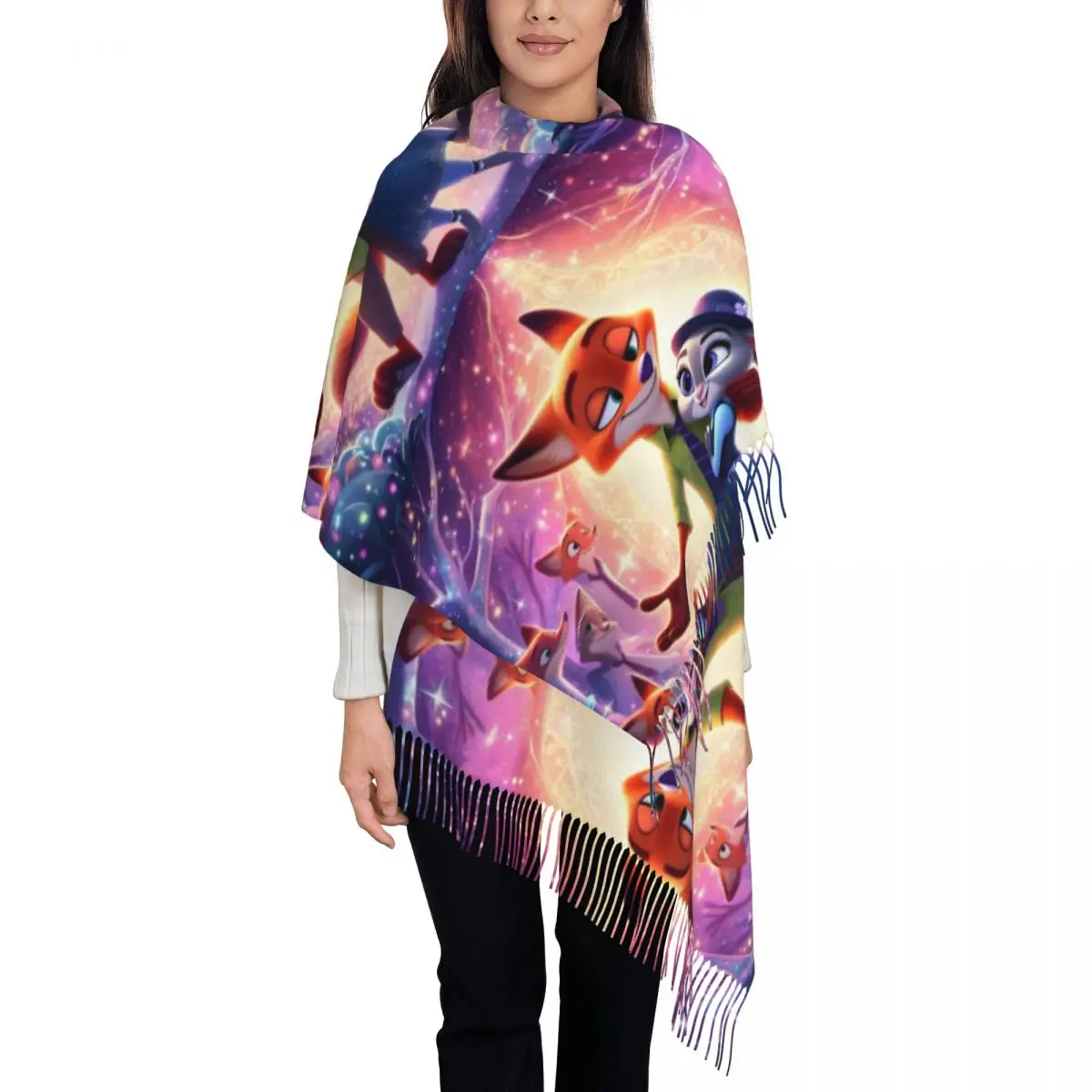 

Женские большие пленочные шарфы с изображением зоотопии на заказ, женские зимне-осенние толстые теплые шаль с кисточками, шарф в стиле аниме Kawaii
