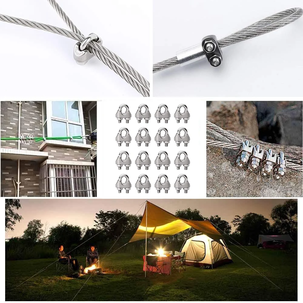 N10R-16Pcs Wire Rope Clamp U Bolt Saddle Fastener M3 Stainless Steel Rope Clamp For Rigging Rope Industry Household Tensioner