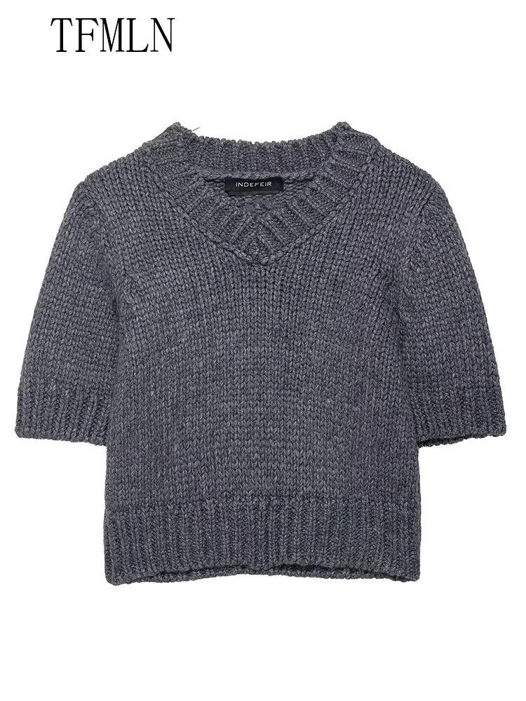 TFMLN 2025 الخريف السببية المرأة الصلبة محبوك البلوزات موضة الخامس الرقبة قصيرة الأكمام اقتصاص البلوز القمم شيك السيدات تريكو