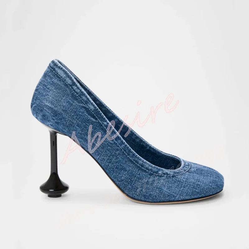 

Women'S Blue Denim Pumps Round Toe Shallow Mouth Special Heel High Heels Fashionable Luxury Trendy Party Roman Pumps Big Size