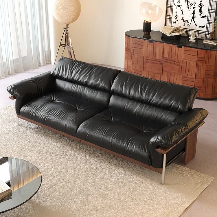 Walnut sofa medium antique leather straight row high-end solid wood living room retro sofa