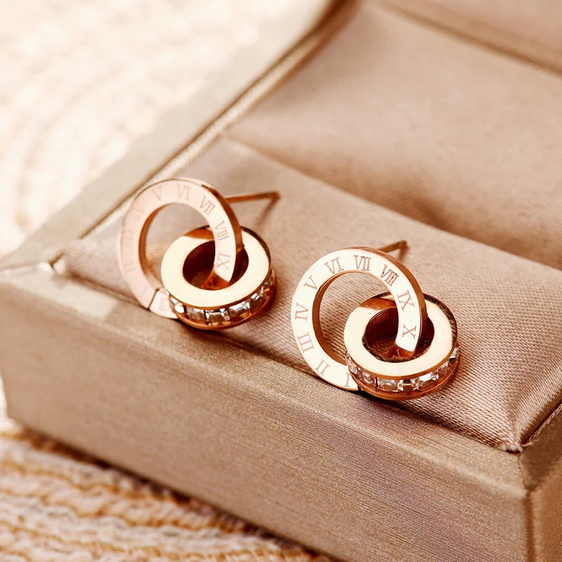 OIMG Stainless Steel Earrings New Classic Simple Roman Numeral Inlaid Zirconia Circle Pendant Stud Earrings For Women Jewelry