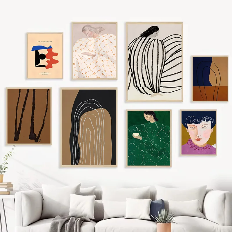 (No frame)Pijama colorido abstracto para mujer, póster artístico de línea geométrica, pintura en lienzo minimalista, arte dec