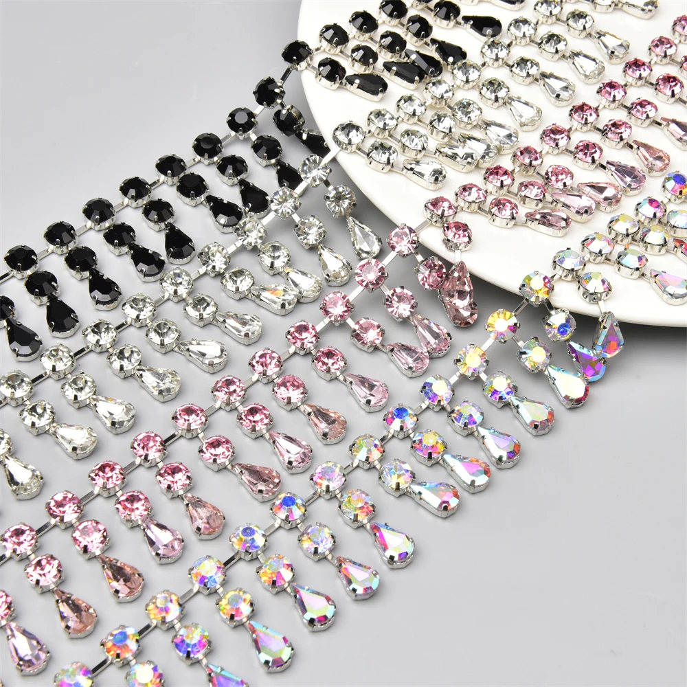 Fashion 2 Rows Round Water Drop Pendant Tassel Diamante Trims Rhinestone Crystal Chain Diy Necklace Clothing Shoes Accessories