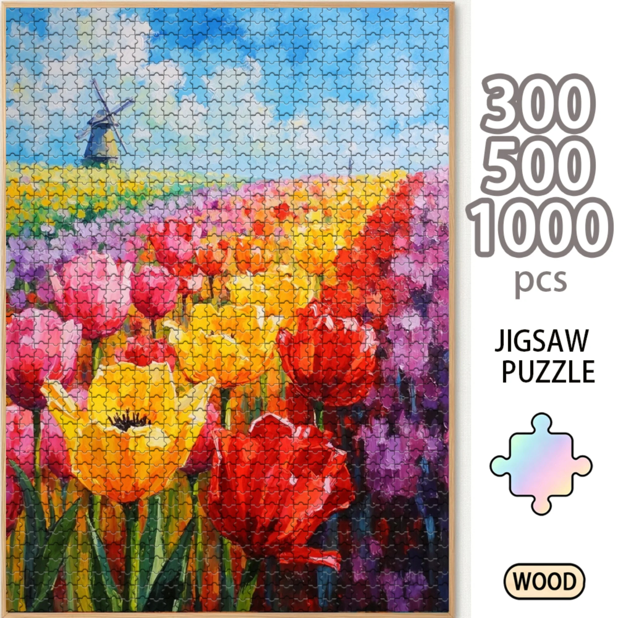 Colorful Tulip Field Windmill Countryside 300/500/1000 Piece Wooden Jigsaw Puzzle for Adults, Wood Puzzle Game, Brain Teaser Family Board Game, Home Entertainment Gift
