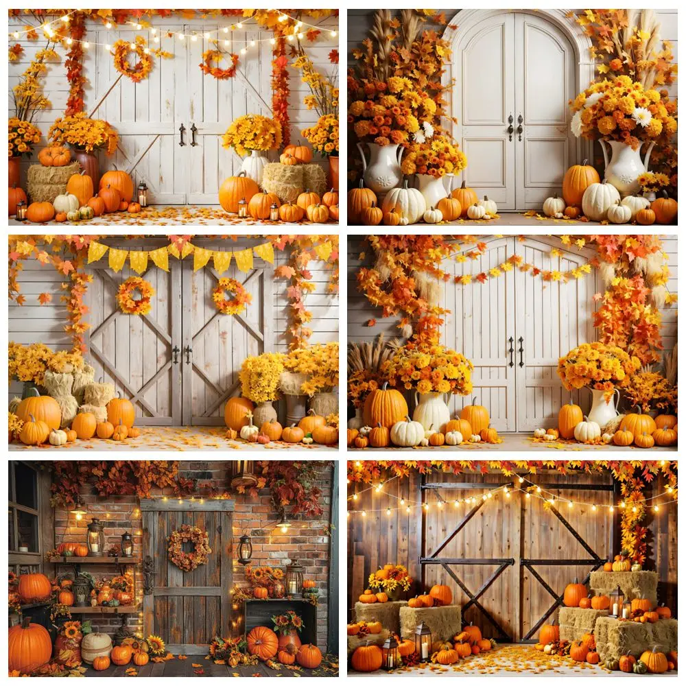 Autumn Pumpkin Barn Door Backdrop Haystack Fall Baby Shower Birthday Party Thanksgiving Day Kids Portrait Photography Background