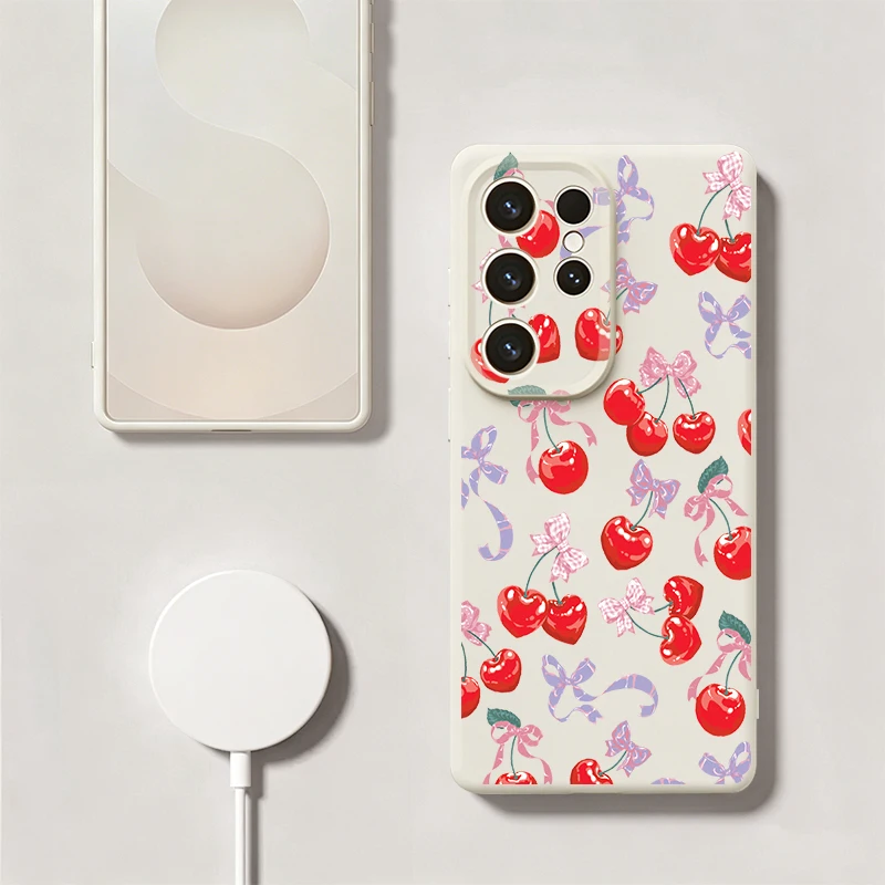 Cherry Pattern Liquid Silicone Phone Case For Samsung Galaxy S26 S25 S24 S23 S22 Ultra Plus Magnetic For Magsafe Soft Back Cover view 5