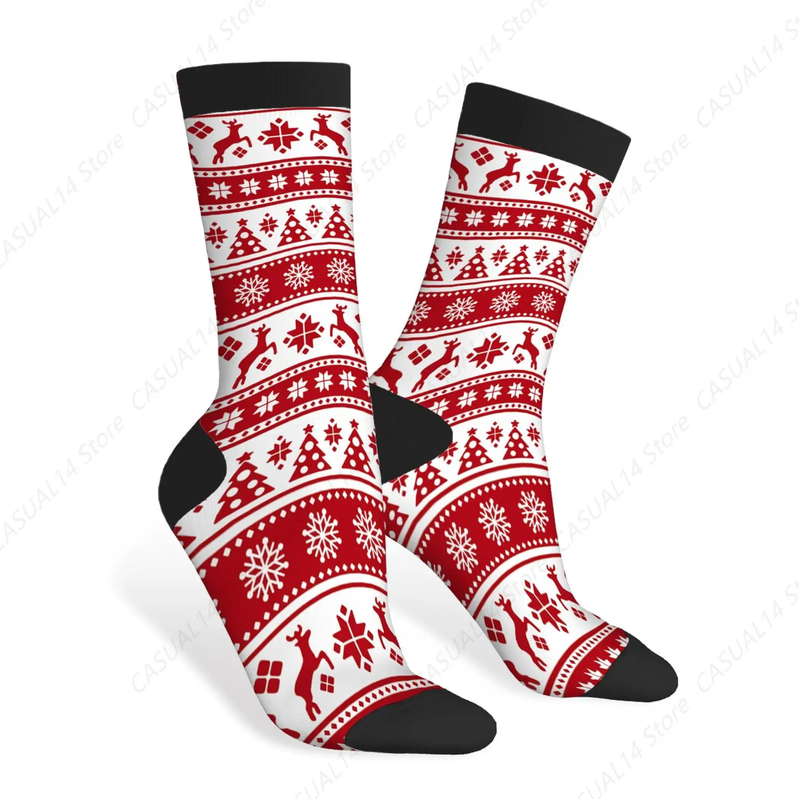 Red Striped Funny Socks Christmas Tree Moose Snowflake Dots Lines Novelty Casual Crew Socks Contrast Color Design For Women Men