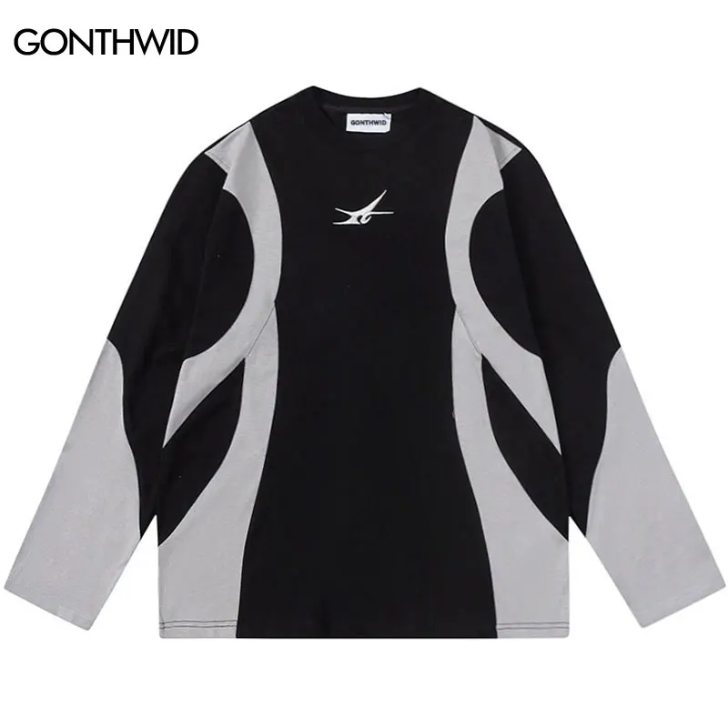 Sports Tshirt Hip Hop Embroidery Letter Retro American Style Patchwork Long Sleeve T-Shirt 2023 Fashion Loose Streetwear Shirts