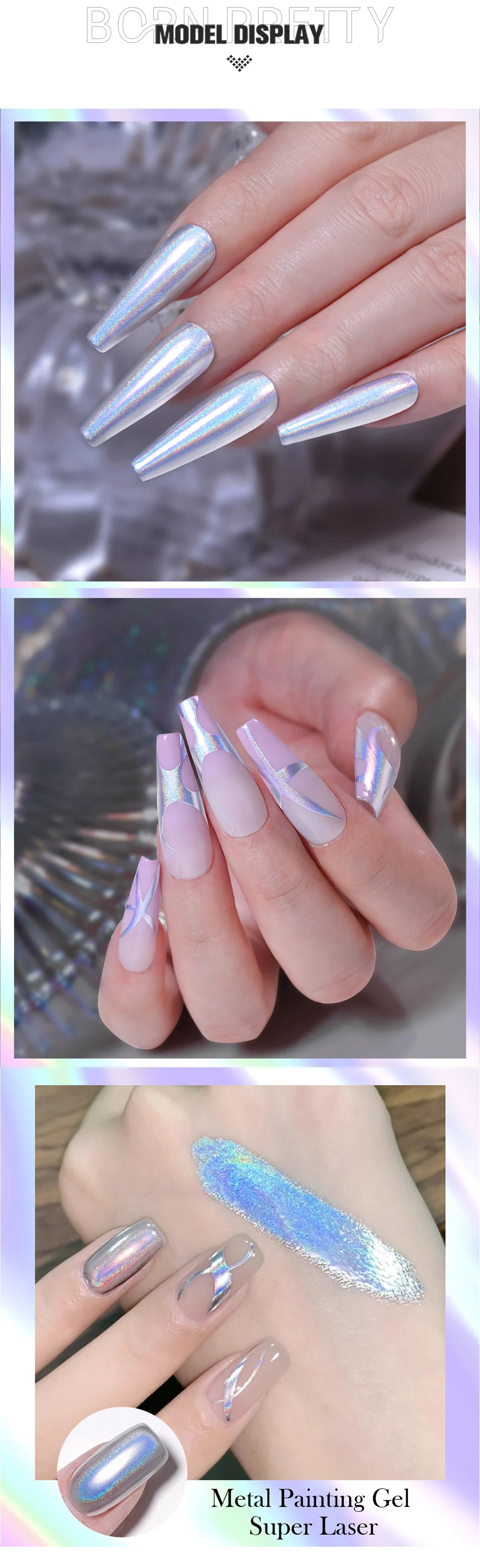 BORN PRETTY 5 ml Super Laser Bright Metallic Painting Gel Soak Off Gel Nagellack Blumenzeichnung Silber Spiegel Glitzer UV Gel – Detail 5