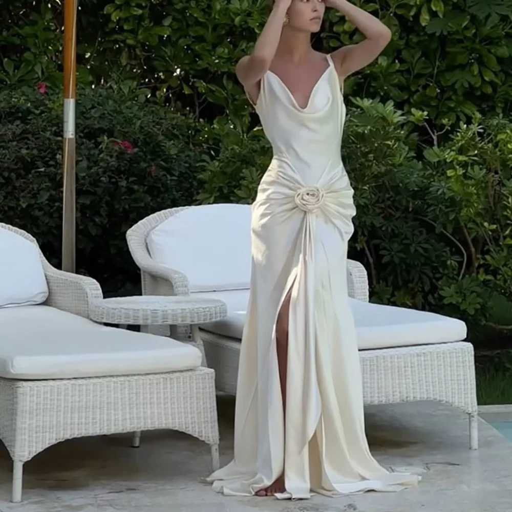 

New Fashion Wedding Dress Sexy V Neck Backless Spaghetti Straps A Line Front Slit Pleat Modern Elegant Custom Made Prom Gown
