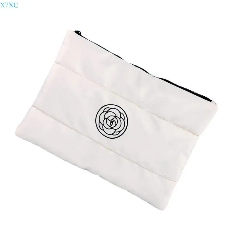 

X7XC Fashion Camellia Flower Print Handheld Cosmetic Bag for Stylish Commuting or Travel Use Quilted Puffer Makeup Case