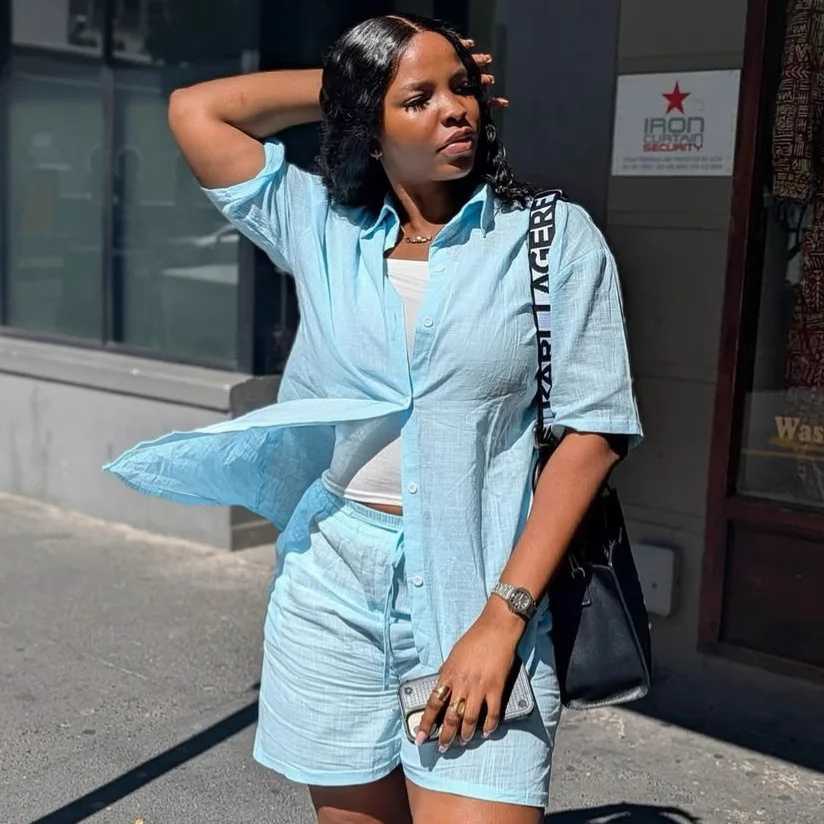 

Pant Set Women Two Piece Sets Turn Down Collar Full Sleeve Tops Short Pants Elastic Waist Y2k Streetwear Elegant Casual Loose