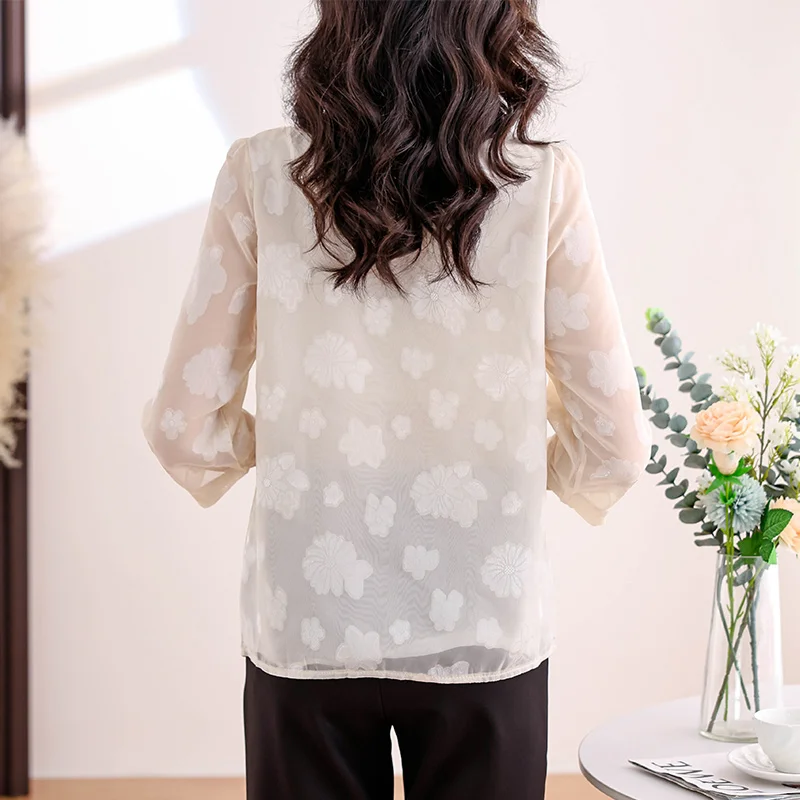 Women Summer Chinese Style Temperament Loose Printing Solid Color O-neck 3/4 Sleeve Shirts Ladies Elegant All-match Trend Tops