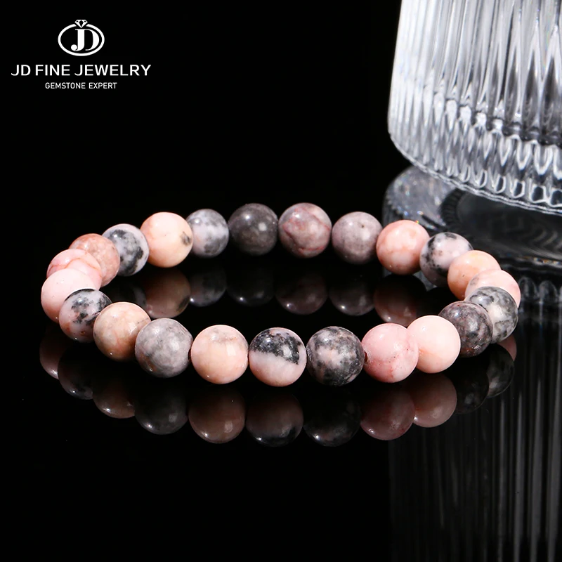 JD Natural Stone Pink Zebra Jasper Round Bead Bracelet Women Men Retro Charm Chakra Healing Stretch Bangle Yoga Meditation Gift