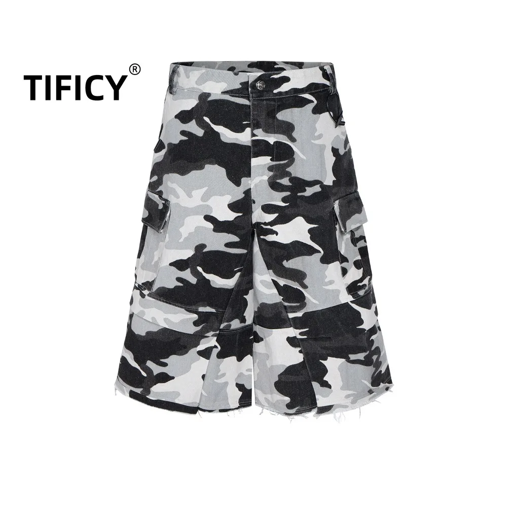 

High Street Shorts Men's Spring/Summer New Product Coating Sparkling Powder Camouflage Seven Point Streetwear Shorts