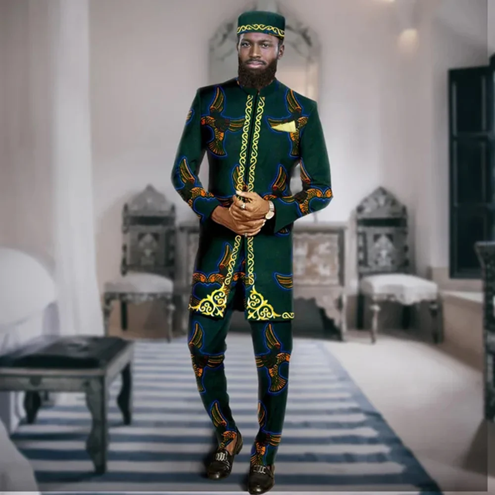 

2024 Luxury Men's Suit Blazer and Pants Set of Clothing High Quality Ankara Festive Long Sleeves African Ethnic Style（S-6XL)