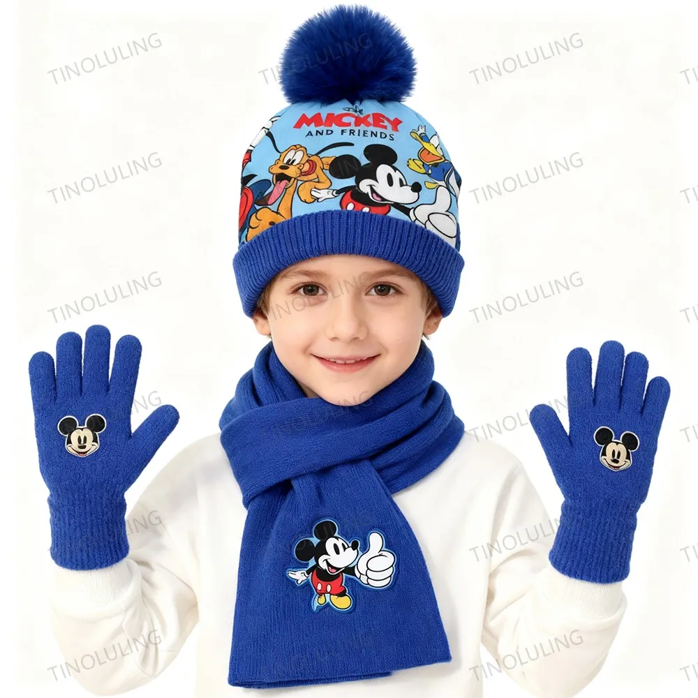 

Children's Winter Caps Cartoon Mickey,Minnie,Frozen Knitted Hat Scarf Gloves Set Girls' Warm Beanie Mitten Set For Kids 2-8Years