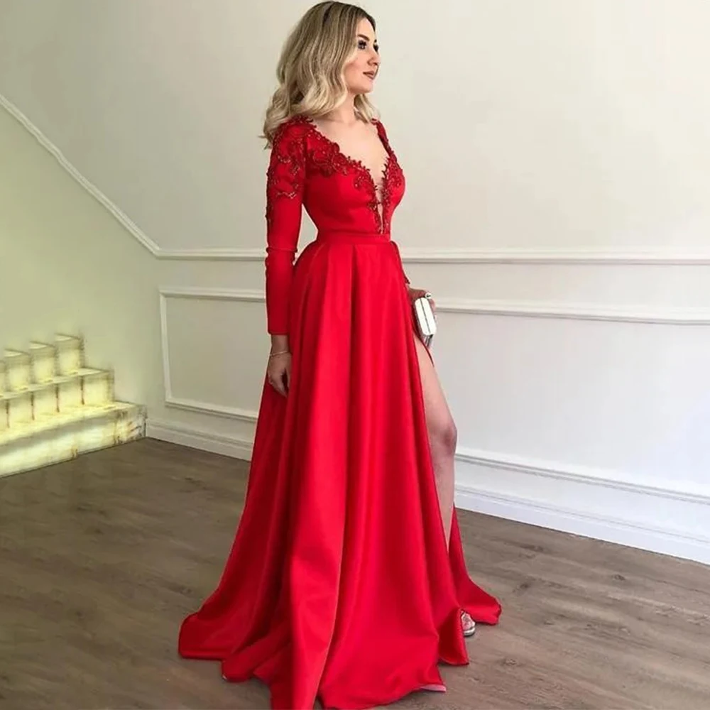 Red Women Evening Dress A-Line Side Slit Long Sleeve Applique Floor Length Wedding Party Customized Satin Banquet Guest Gowns