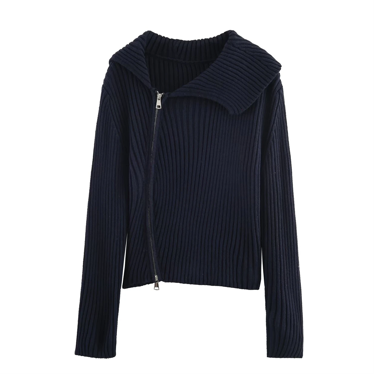 

Women's Fashionable Zipper Ribbed Knit Cardigan Sweater 2025 Spring/Fall New Arrival Knitted Jacket for Ladies