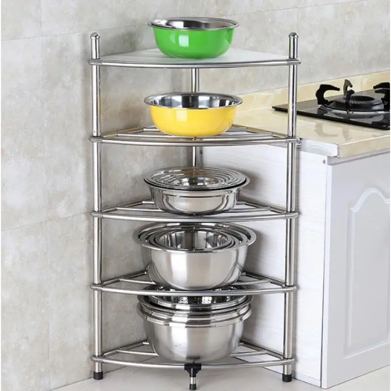 

Stainless Steel Bathroom Kitchen Corner Storage Rack Basin Stand Toilet Floor-Mounted Makeup Room Organizer Shelf