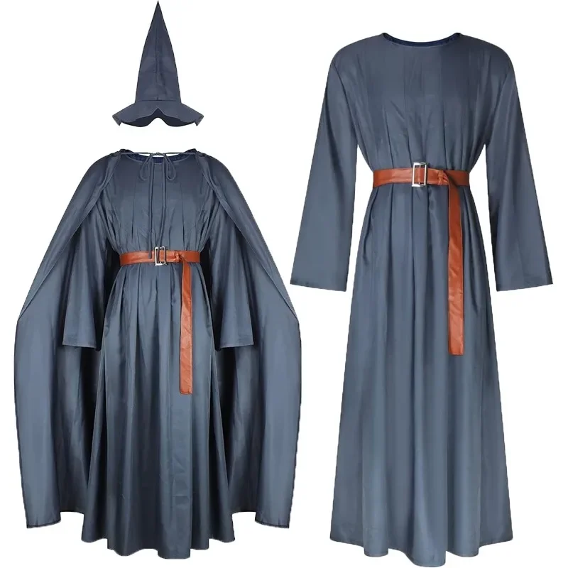 Der Hobbit Gandalf Zauberer Kostüm Pagan Tunika Kostüm Zauberer Umhang Cosplay Graue Robe Hut Komplettset Outfits für Erwachsene