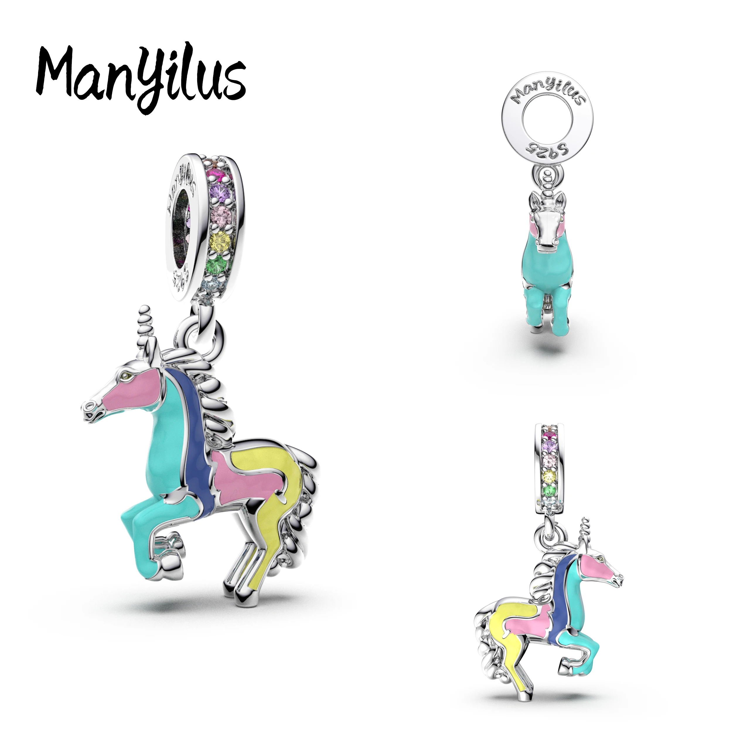 Manyilus S925 Silver Pastel Carousel Unicorn Charm for Original Bracelet Dreamy Fantasy Jewelry Pendant DIY Magical Kawaii Gift
