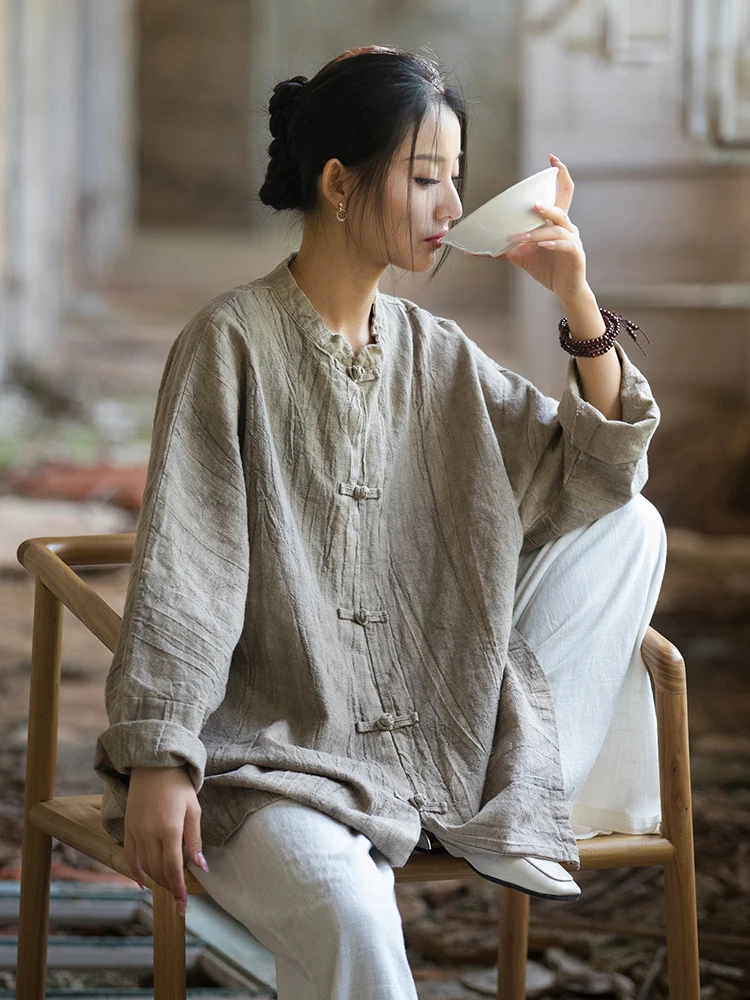 Women's Spring Autumn New Style Loose Fit Cold Sensation Long Sleeve Button up Cotton Linen Cardigan mid Length Open Front Ja...