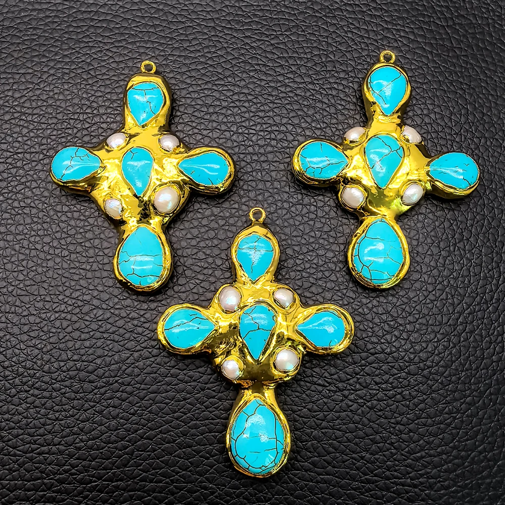 2 Pcs Cultured White Pearl Blue Turquoise Cross Crucifix Charm Pendant For DIY Making