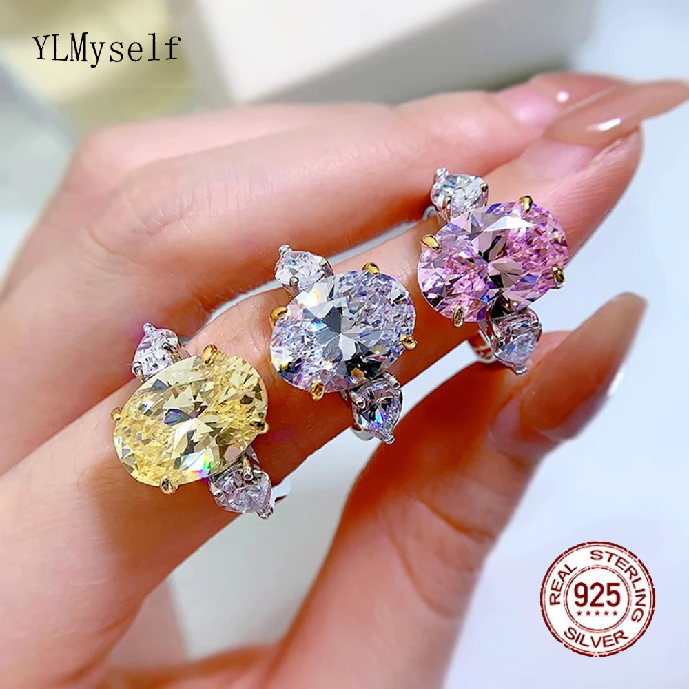 Solid Real 925 Silver Fine Jewelry Pave Big Bling 10*14mm Pink/Yellow/White Oval Cubic Zircon Ring for party