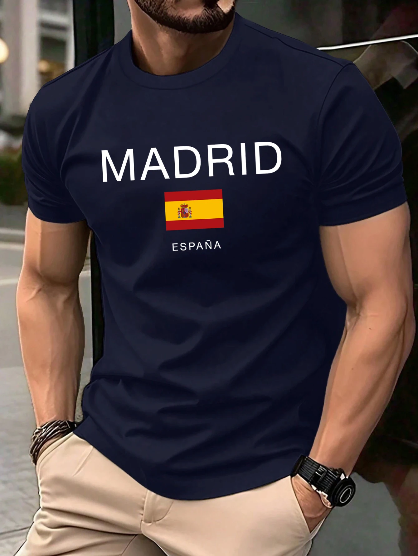 Camiseta con diseño de bandera de Madrid España para hombre, camisetas suaves y holgadas con cuello redondo, ropa informal de algodón que combina con todo, pantalón corto informal de verano Unisex de manga