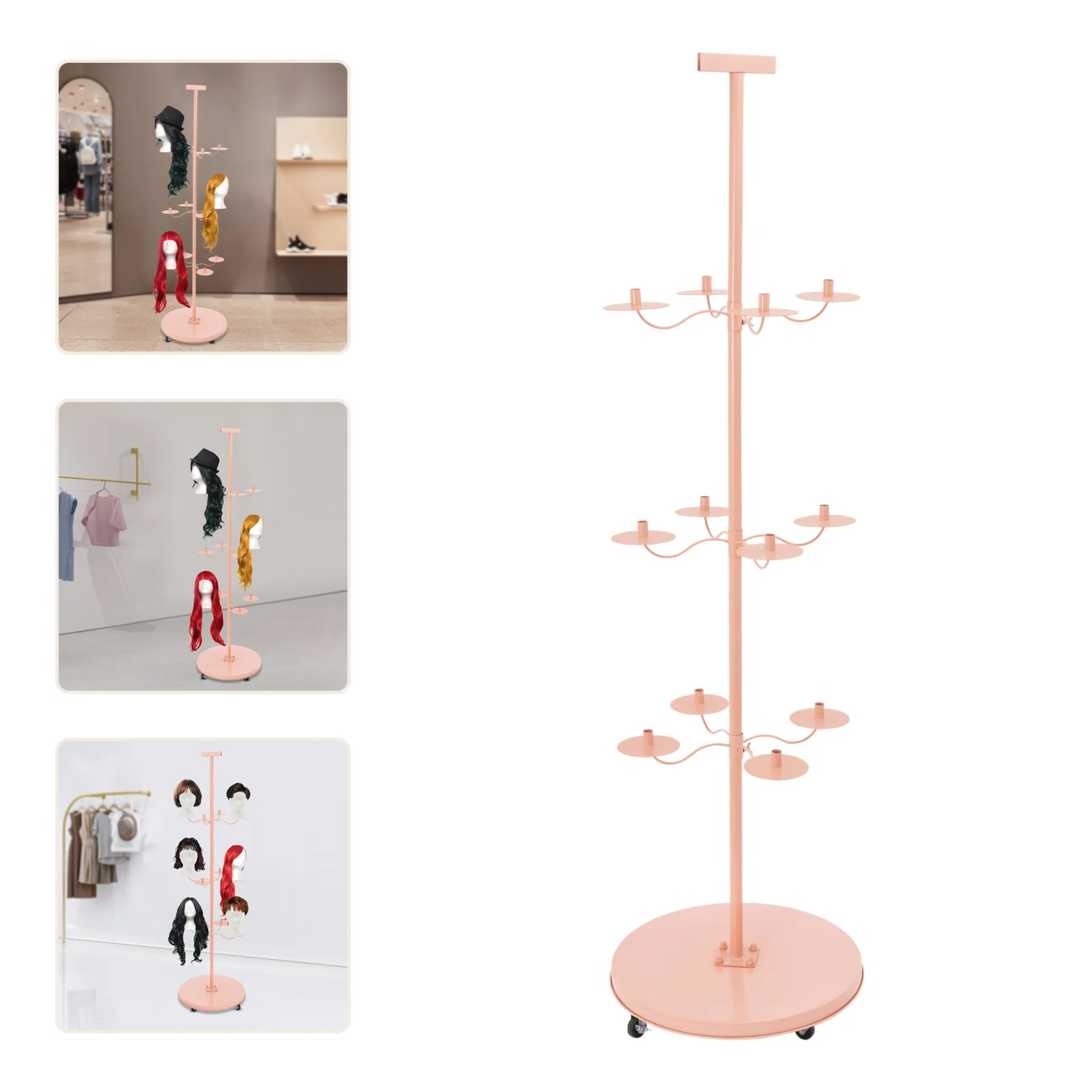 

12-Head Iron Wig Holder,Pink/Black Cross Base/Round Base Freestanding Wig Display& Storage Rack 50*50*178cm for Hair Salons