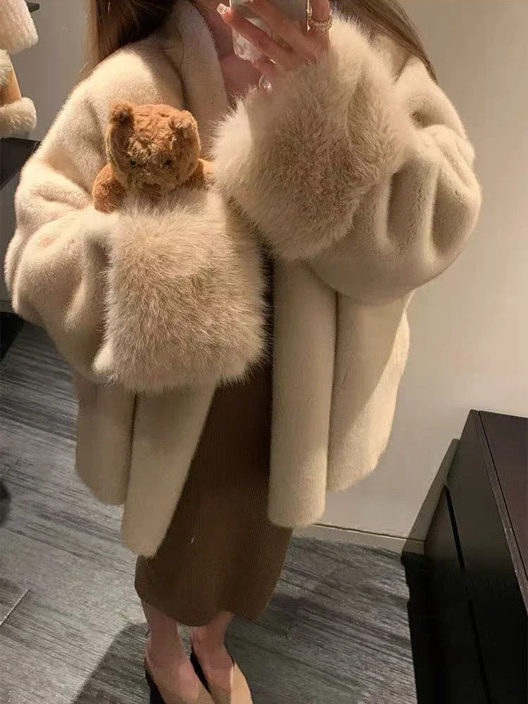 

Пальто для женщин, зимняя толстая свободная волосатая повседневная куртка Y2K, модная уличная одежда, теплая меховая верхняя одежда с длинными рукавами