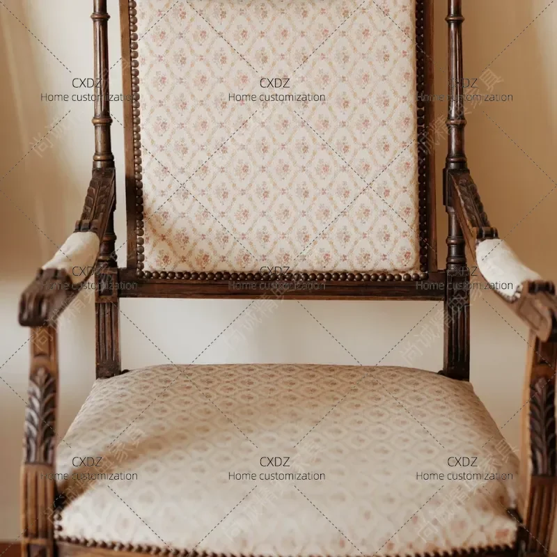 Medieval Solid Wood Retro Home Leisure Sofa Neoclassical Engraving Chair Soft Cushion Customizable Living Room Furniture