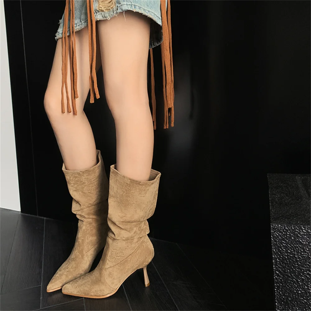 FEDONAS High Quality Women Pointed Toe Mid-calf Boots Warm Autumn Winter Knight Boots Thin High Heels Party Dance Shoes Pumps